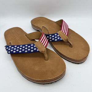 Smathers & Branson Old Glory Needlepoint Tan Leather Flip Flops Men’s Size 8